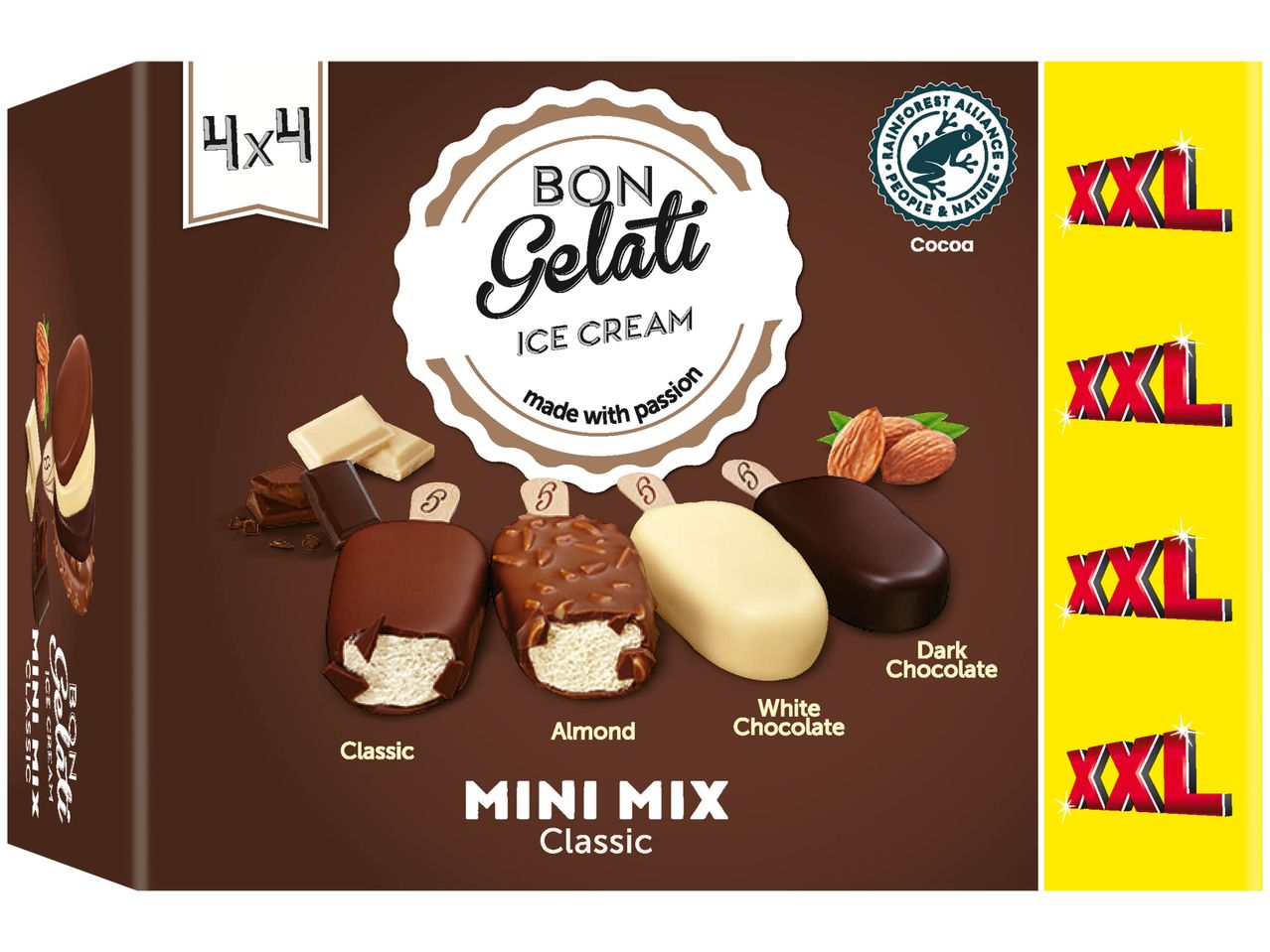 Boîte de glaces Bon Gelati Mini Mix Classic, assortiment de 4x4 mini-cornets aux chocolats classiques, amandes et blancs.
