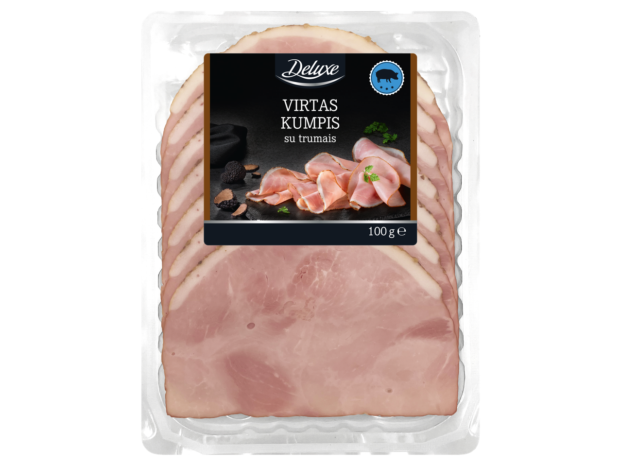 Deluxe rūkytas kiaulienos kumpis su trumais, 100g pakuotė.