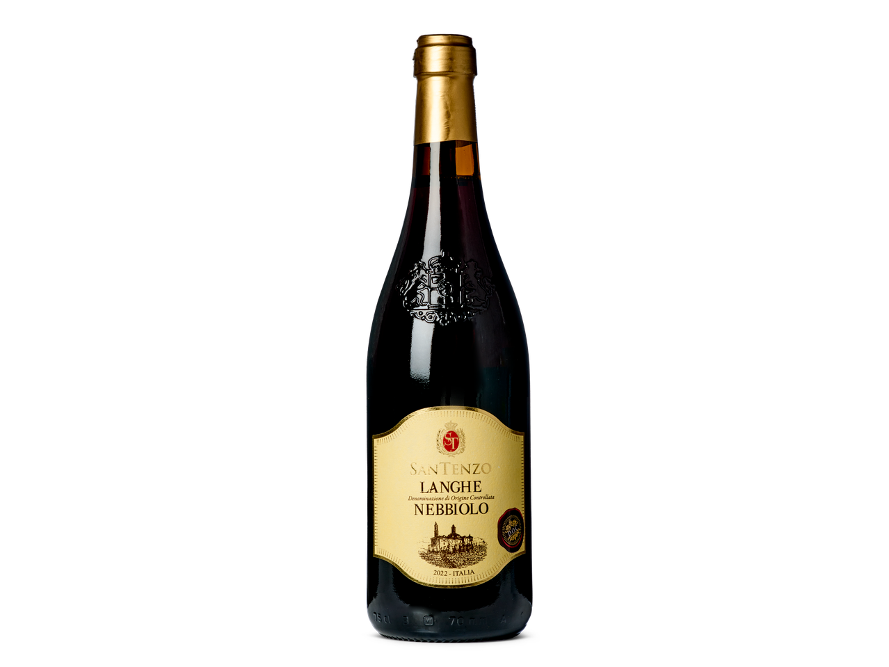 Fles Santenzo Langhe Nebbiolo rode wijn op een zwarte achtergrond.