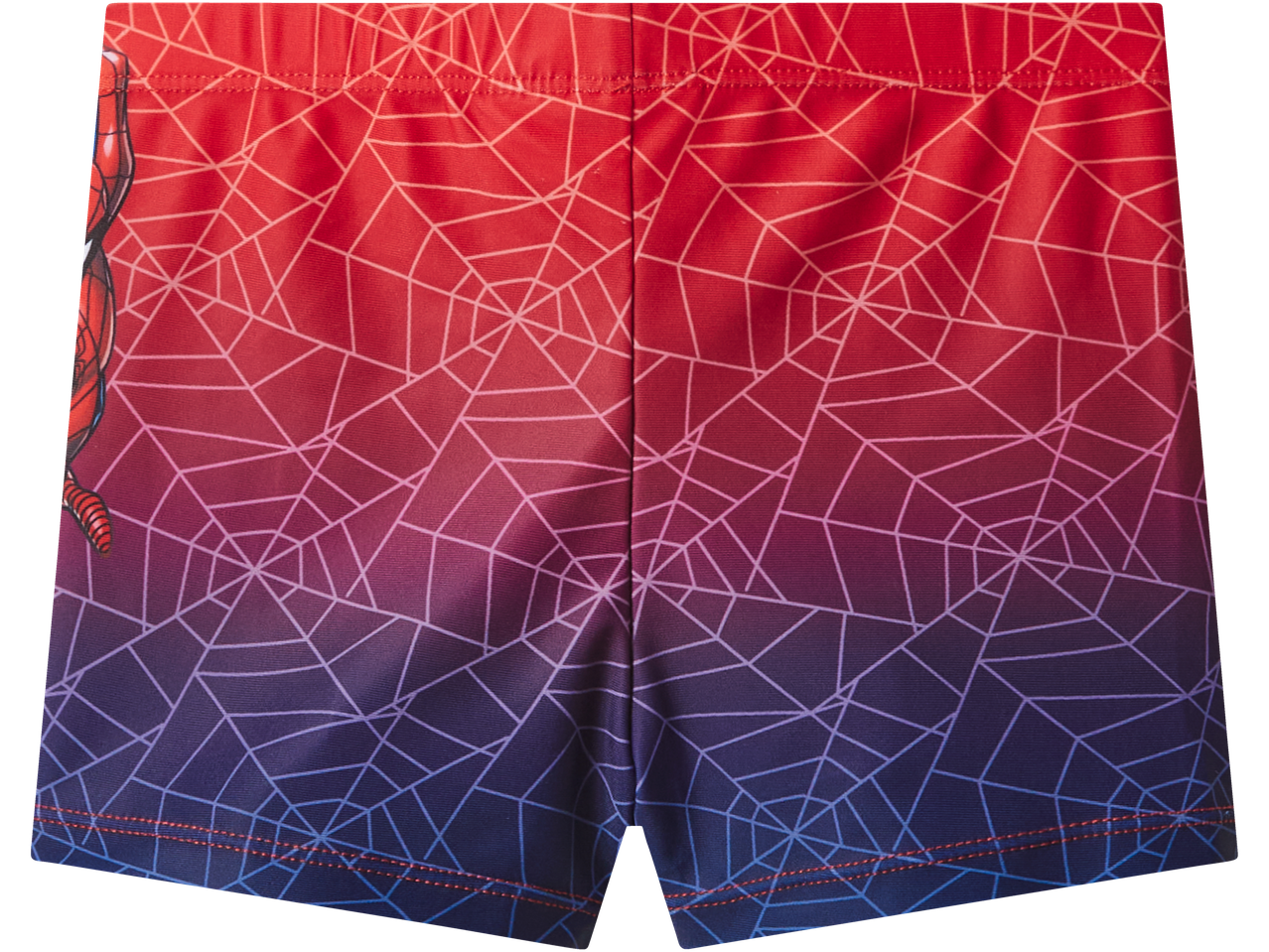 Calções de banho de menino com padrão de teia de aranha, degradê de vermelho a azul escuro.