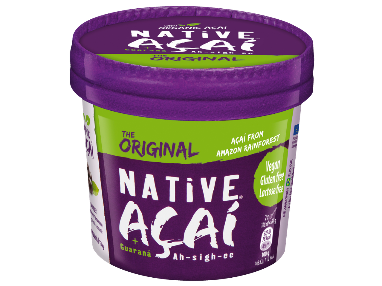A tub of Native Açaí with Guarana, labeled as vegan, gluten-free, and lactose-free.