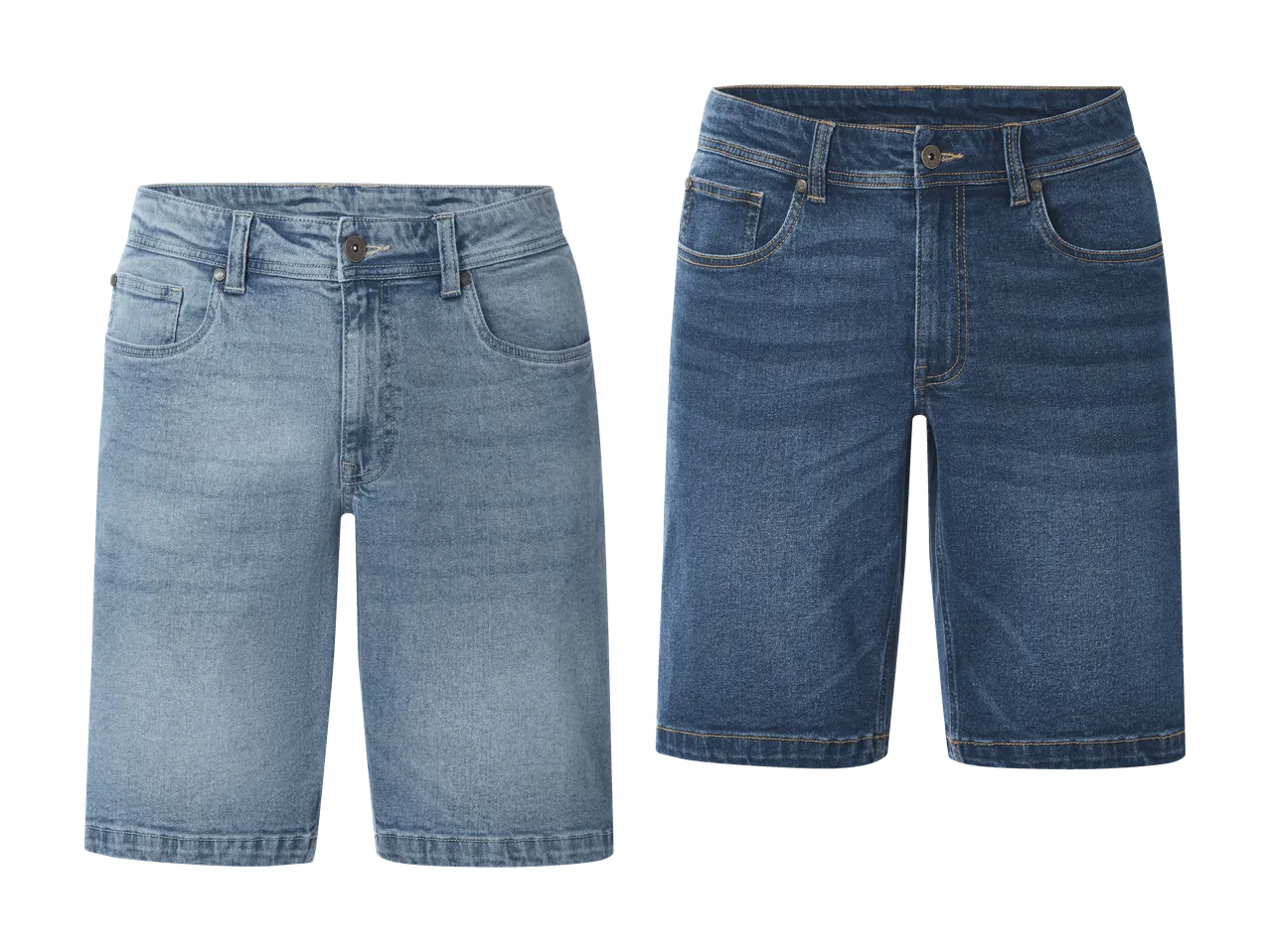Deux shorts en jean, un bleu clair et un bleu foncé.