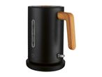 Black electric kettle with a wooden handle and a water level indicator.