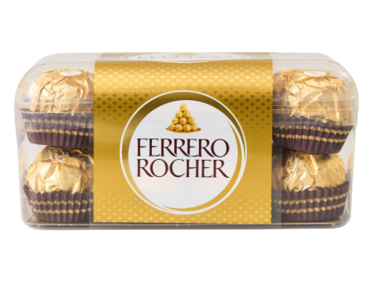 Ferrero Rocher šokolaadikommide pakend, kuldse pakendi ja pruunide paberümbristega.