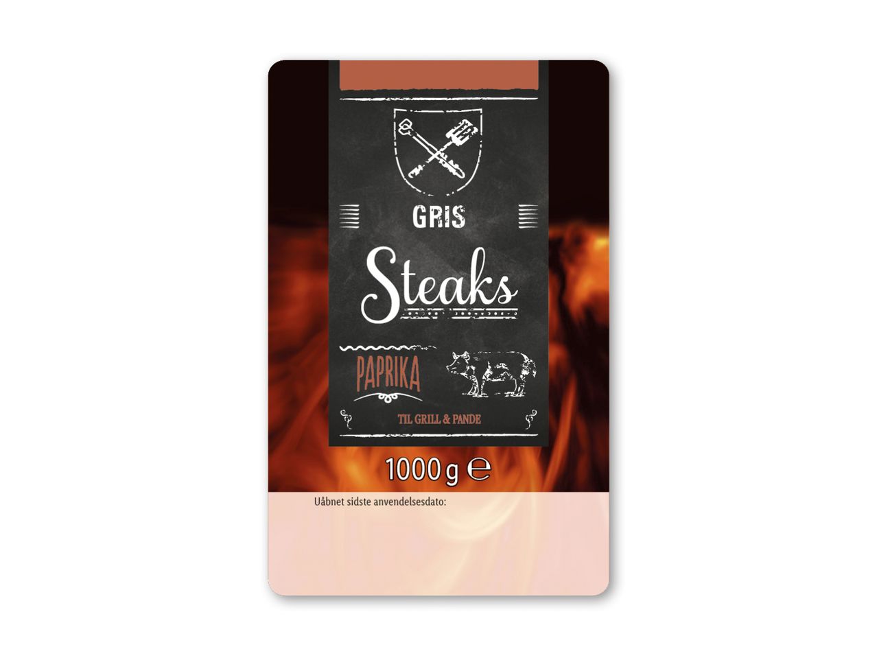 Emballage til grisesteaks med paprika, 1000g, til grill og pande.