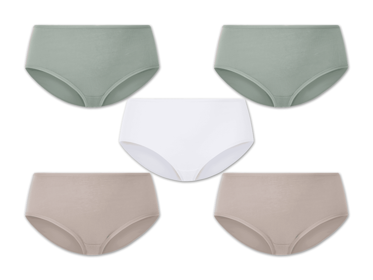 Fünf Damen-Unterhosen in verschiedenen Farben: zwei hellgrün, eine weiß und zwei beige.