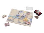 Wooden vehicle puzzle with stamps, featuring a city road design.