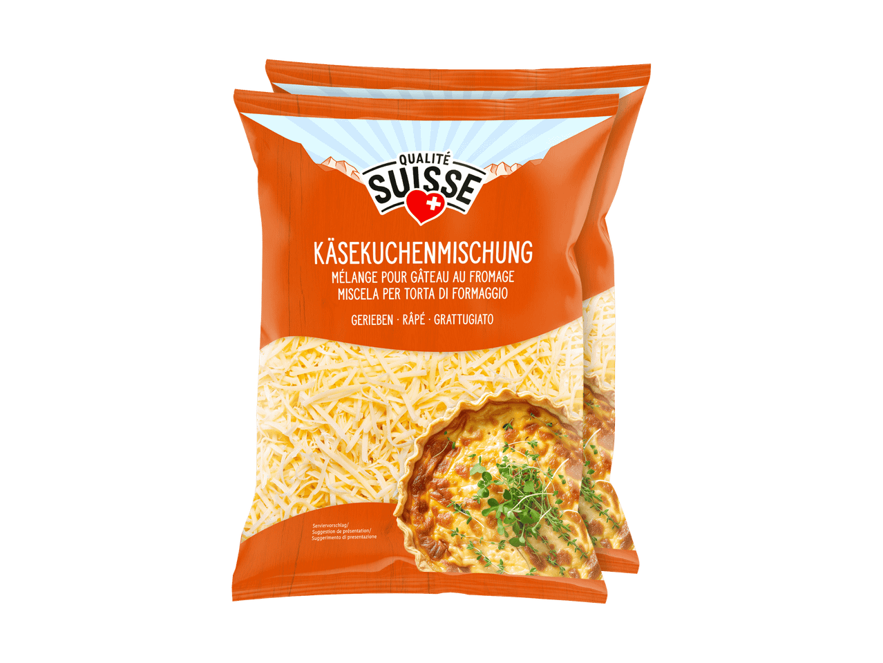 Zwei Packungen geriebener Käse für Käsekuchenmischung mit einem Bild einer Quiche.