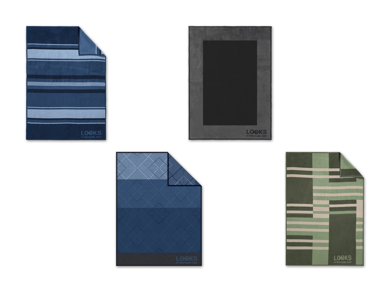 Vier Decken von Looks by Wolfgang Joop: zwei blaue mit Streifen und Mustern, eine schwarze und eine grüne.
