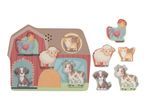Wooden farm animal puzzle with a barn-shaped board and six animal pieces.
