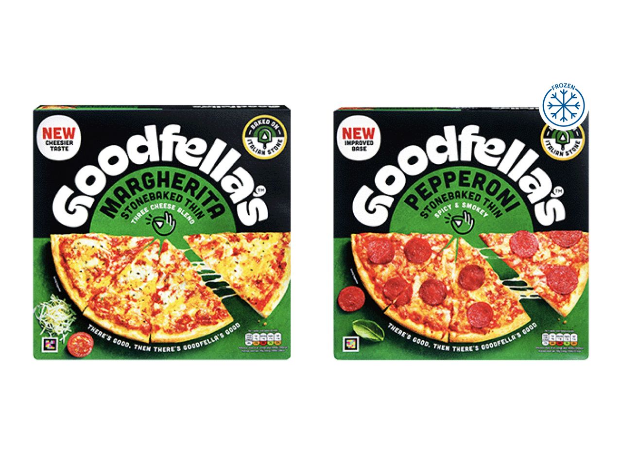 Goodfella's Margherita and Pepperoni stonebaked thin frozen pizzas.