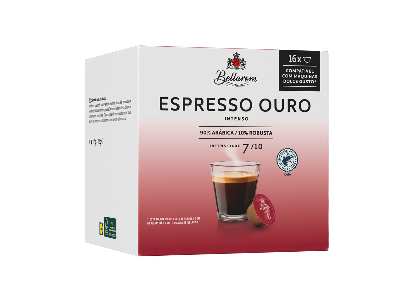 Cápsulas de café Bellarom Espresso Ouro, 16x7g, 90% Arábica / 10% Robusta, intensidade 7/10, compatíveis com máquinas Dolce Gusto.