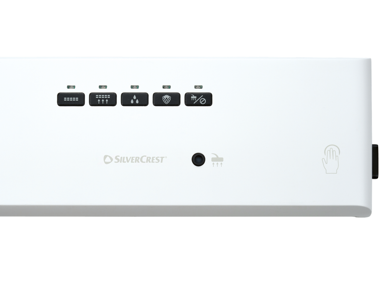Máquina de vácuo Silvercrest com painel de controlo branco e ícones.