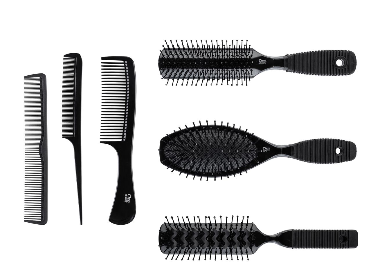 Set aus drei schwarzen Haarbürsten und drei schwarzen Kämmen auf weißem Hintergrund.