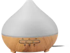 Difuzor eteričnih ulja s drvenim uzorkom, bijelim vrhom i kontrolnim gumbima za tajmer i svjetlo.
