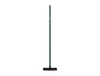 A green broom with a black head and red bristles, standing upright on a white background.