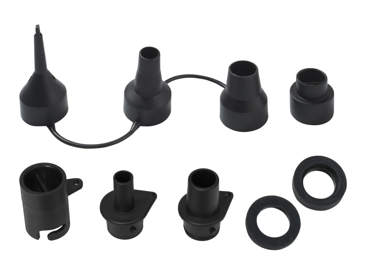 A set of black plastic pump nozzles and adapters, including various sizes and shapes, with two rubber O-rings.