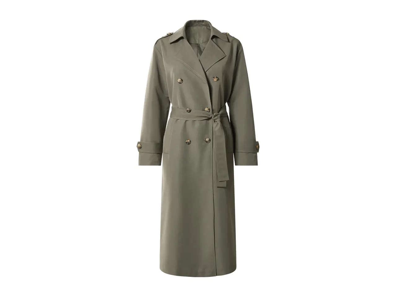 Long olive green trench coat with a double-breasted front, belt, and brown buttons.