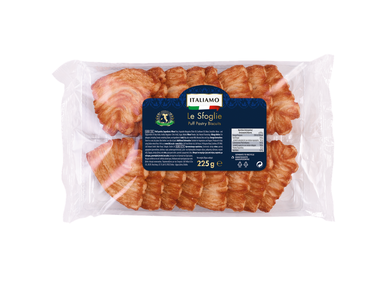 ITALIAMO Le Sfoglie puff pastry biscuits in a package.