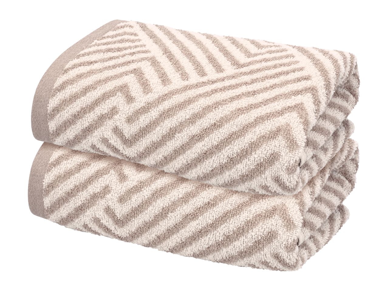 Two folded beige and white patterned towels stacked on top of each other.