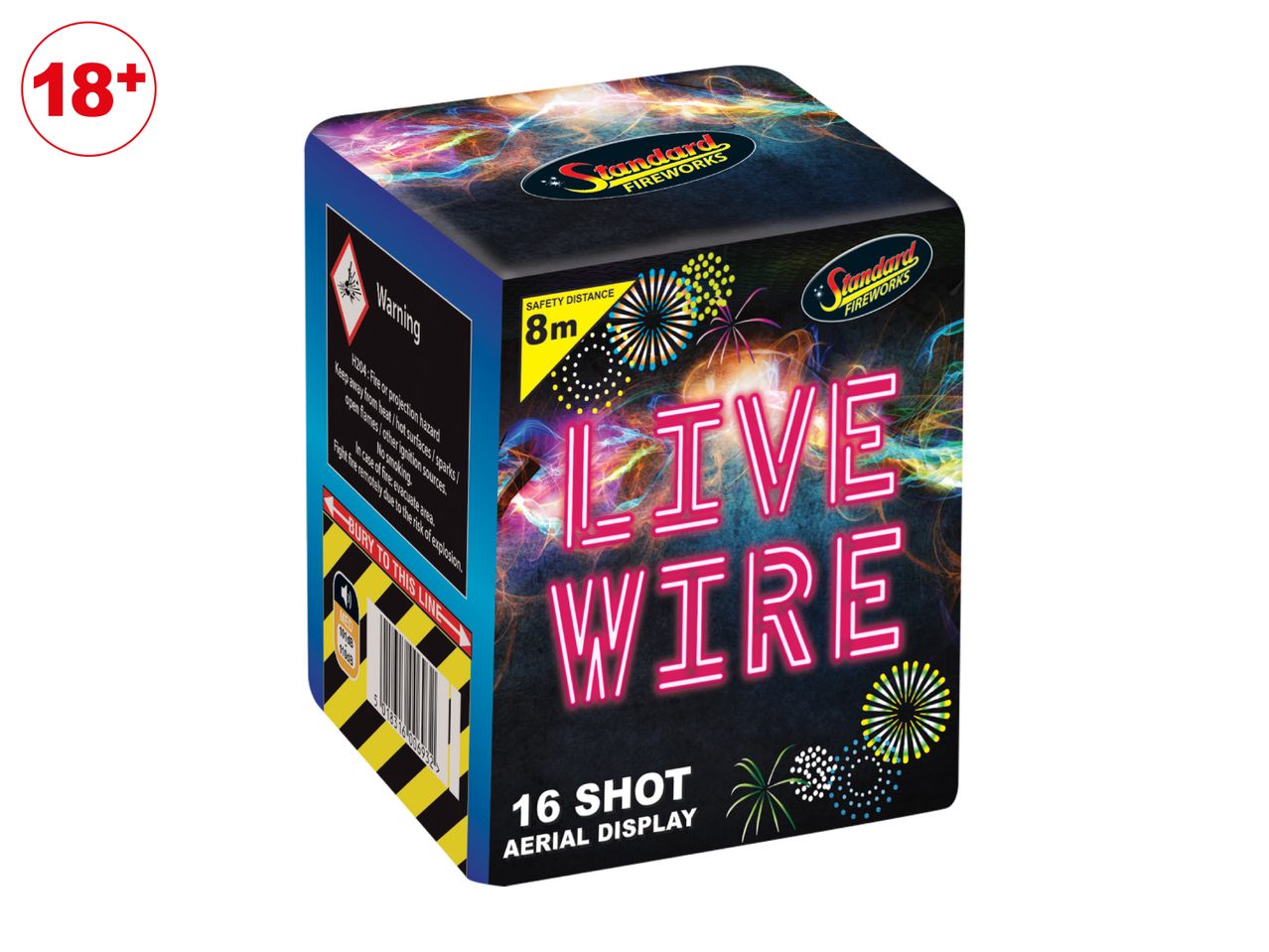 A 16-shot aerial display firework box with a safety distance of 8 meters.
