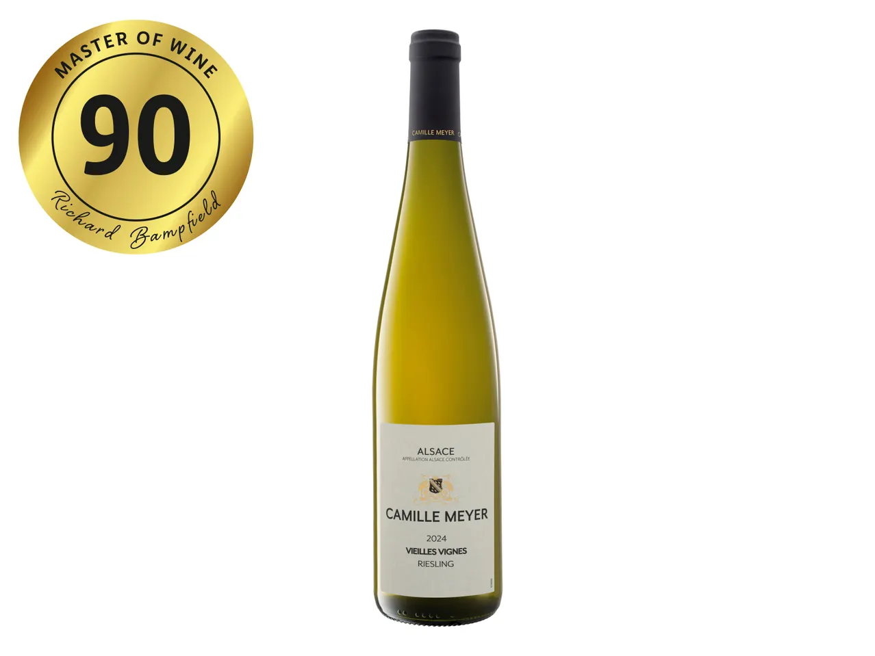 Camille Meyer 2024 Vieilles Vignes Riesling wine bottle with a 90-point Master of Wine rating.
