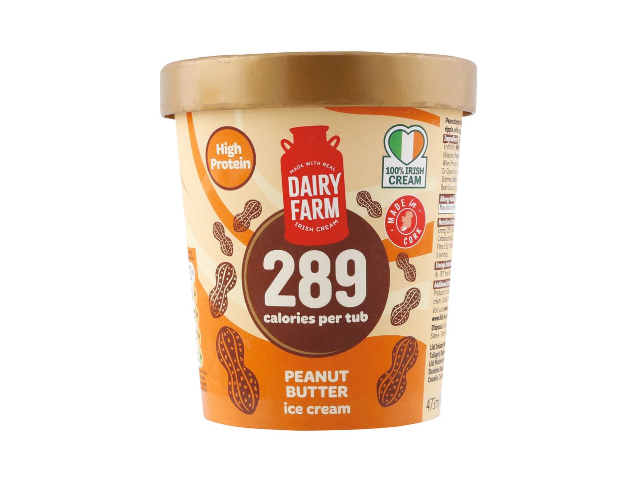Dairy Farm peanut butter ice cream: 289 calories, high protein.