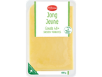 Tranches de fromage Milbona Jeune Gouda 48+, affinées minimum 4 semaines, 400g, refermables.