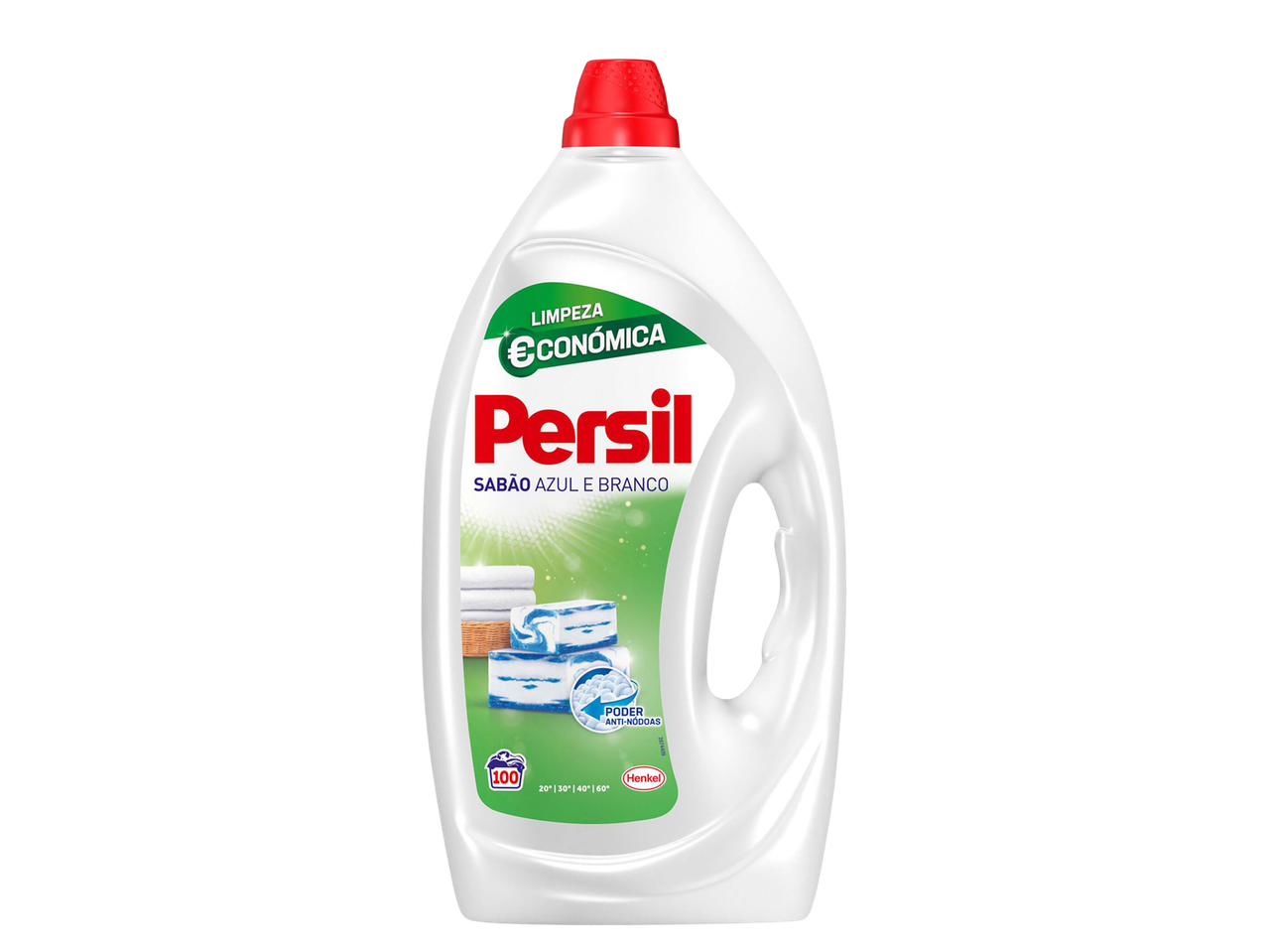 Detergente líquido para a roupa com poder anti-nódoas, para limpeza económica.