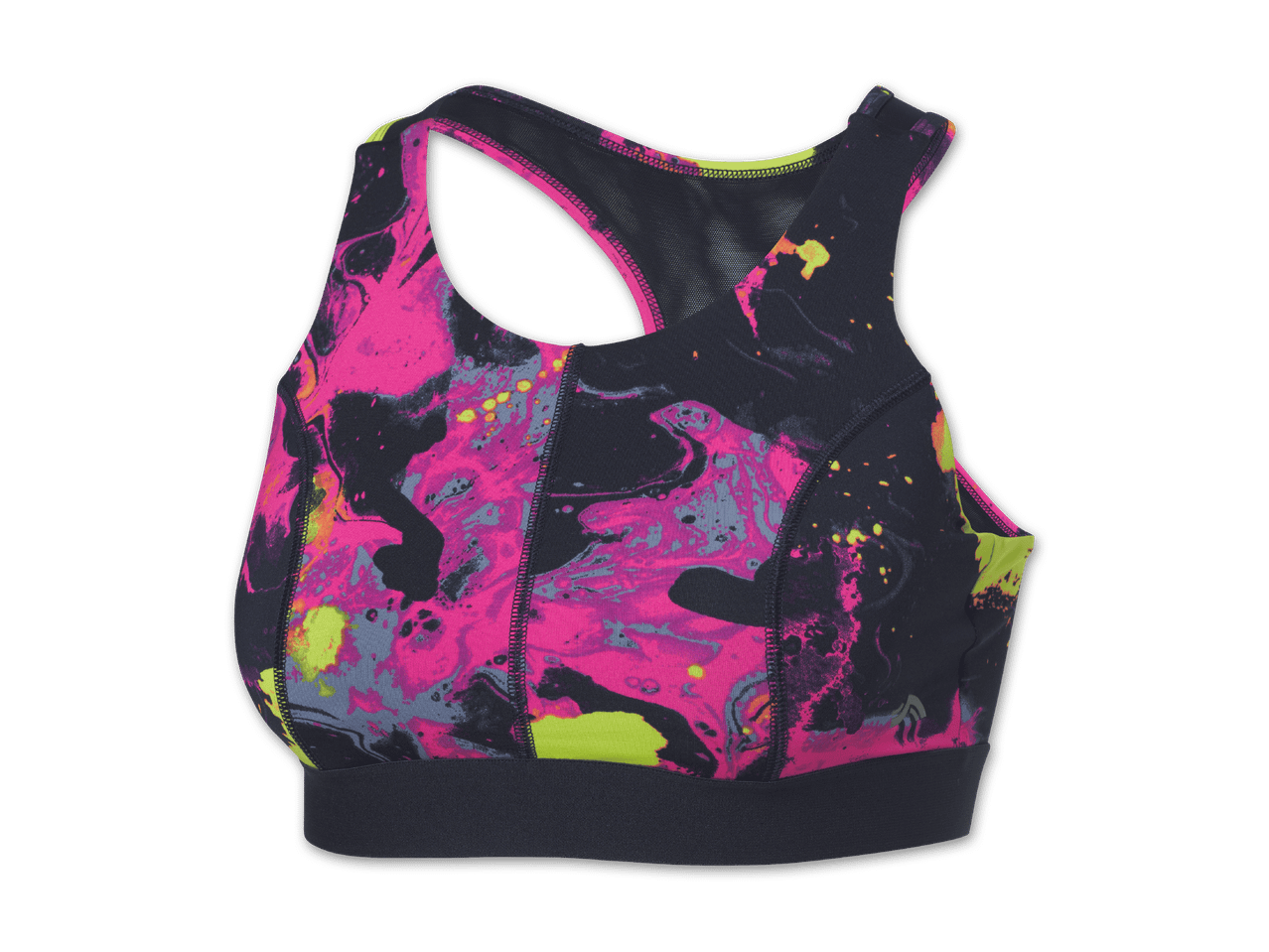 Sport-BH mit abstraktem Muster in Pink, Schwarz und Gelb.
