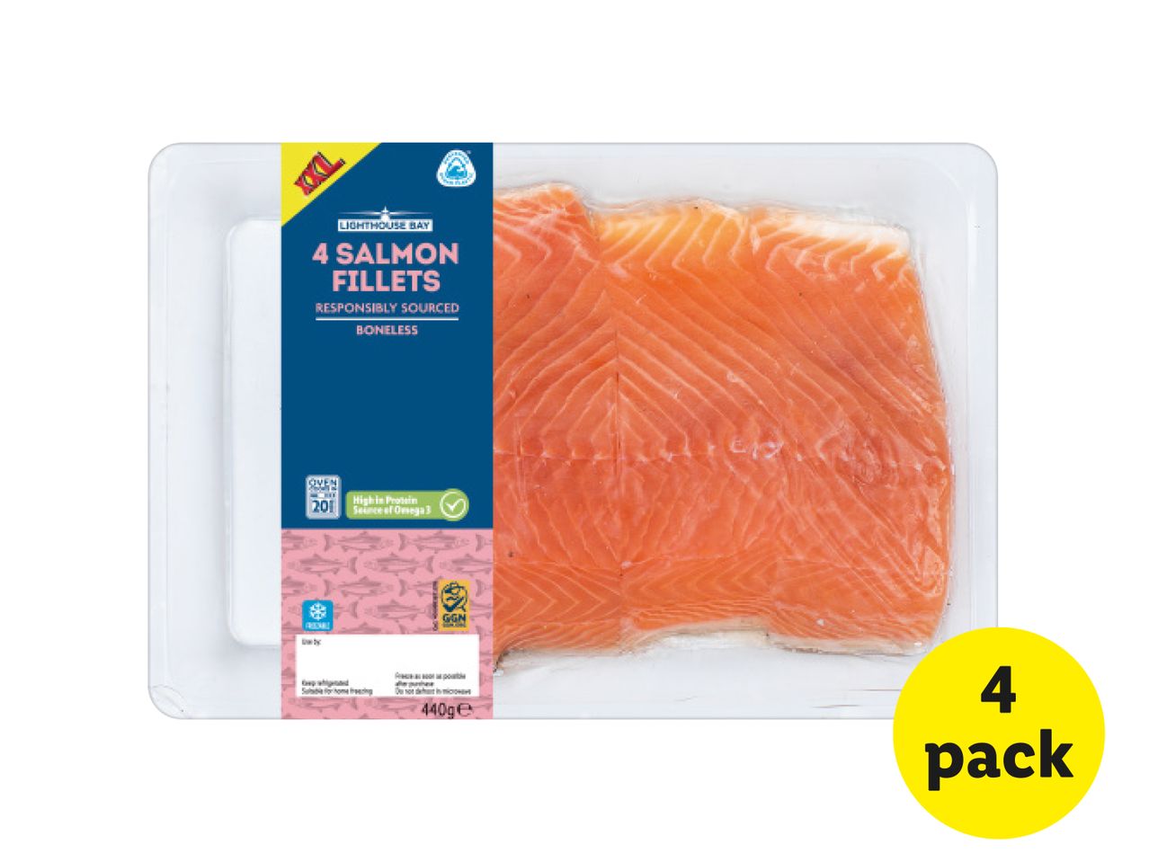 Lighthouse Bay 4 Salmon Fillets, responsibly sourced and boneless, 440g, 4-pack.