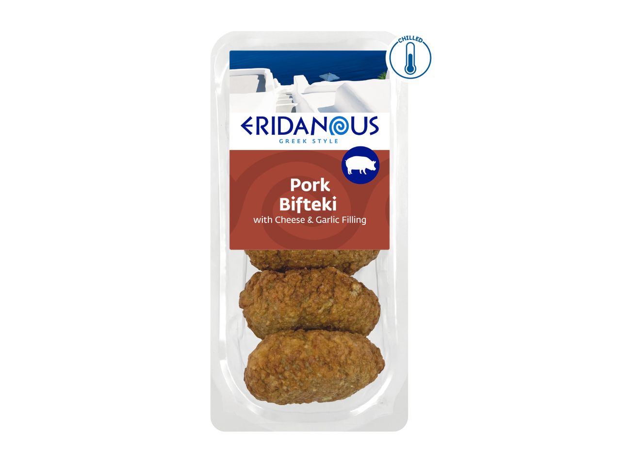 Pork Bifteki with Cheese & Garlic Filling in a clear plastic package, chilled.