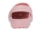 Rear view of a light pink clog with a strap and textured sole.