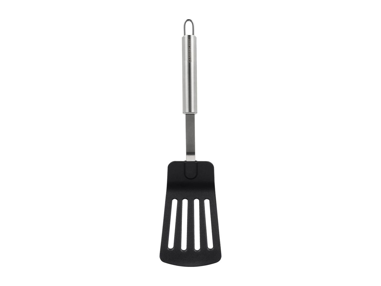 Black slotted spatula with a stainless steel handle