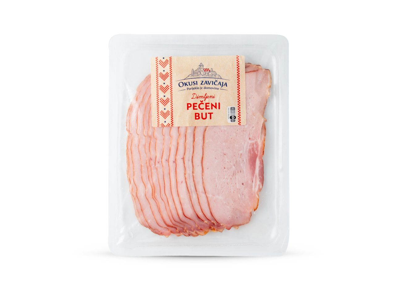 Pakiranje narezanog dimljenog pečenog buta Okusi zavičaja s Nutri-Score D oznakom.