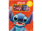 Stitch en Lilo figuren met een boek, met Stitch op de voorkant. Tekst: 'Bevat 4 figuren en een leesboek. Lees en speel.'