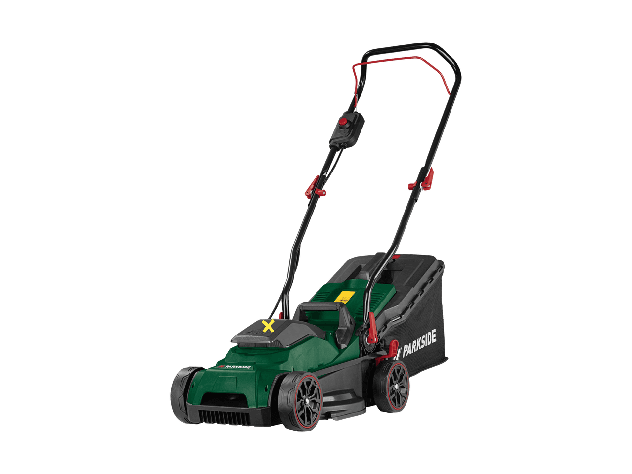 Tondeuse électrique verte et noire avec poignée pliable et bac de ramassage.