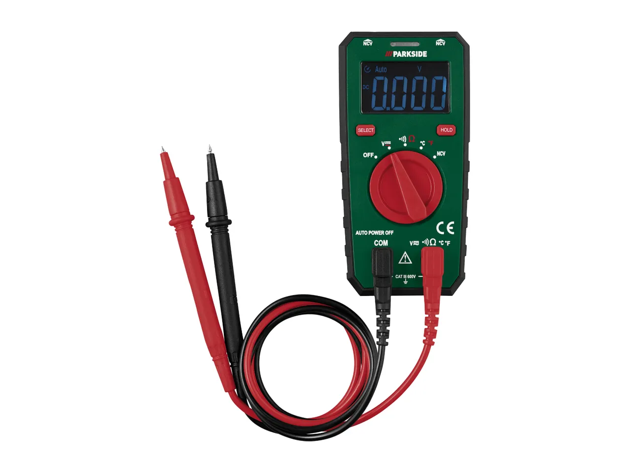 Digital multimeter with red and black test leads, displaying 0.000 V.