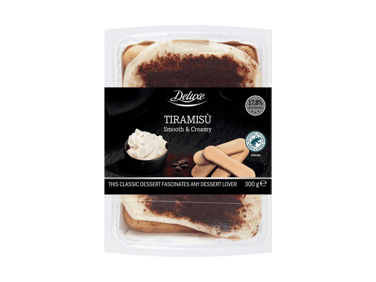 Deluxe Tiramisu, cremiges Dessert mit 17,8% Mascarpone und Kakao, 300g.