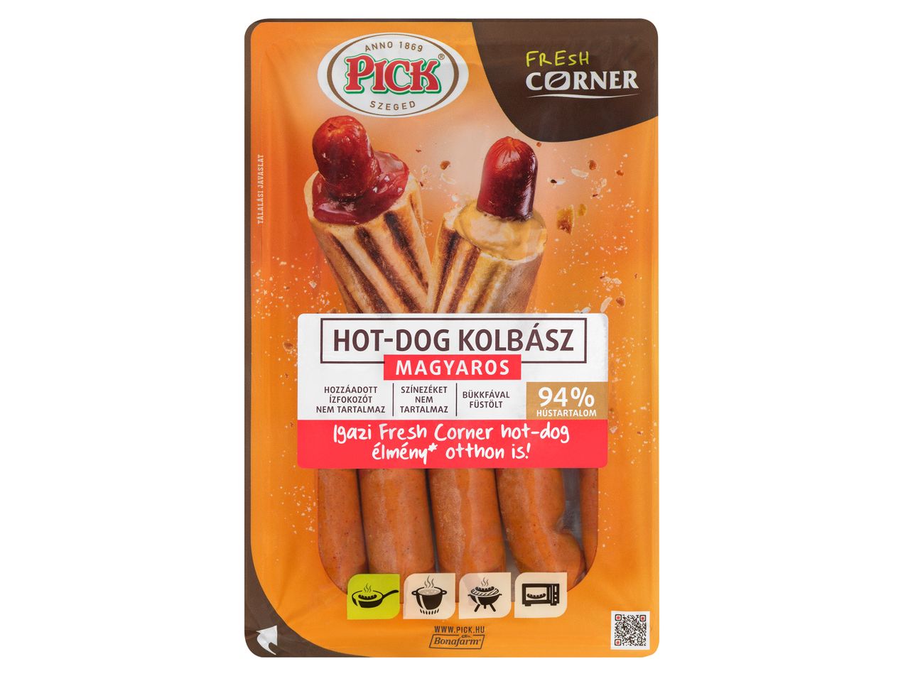 Pick Szeged hot dog kolbász és zsemle: Fresh Corner csomagolás.