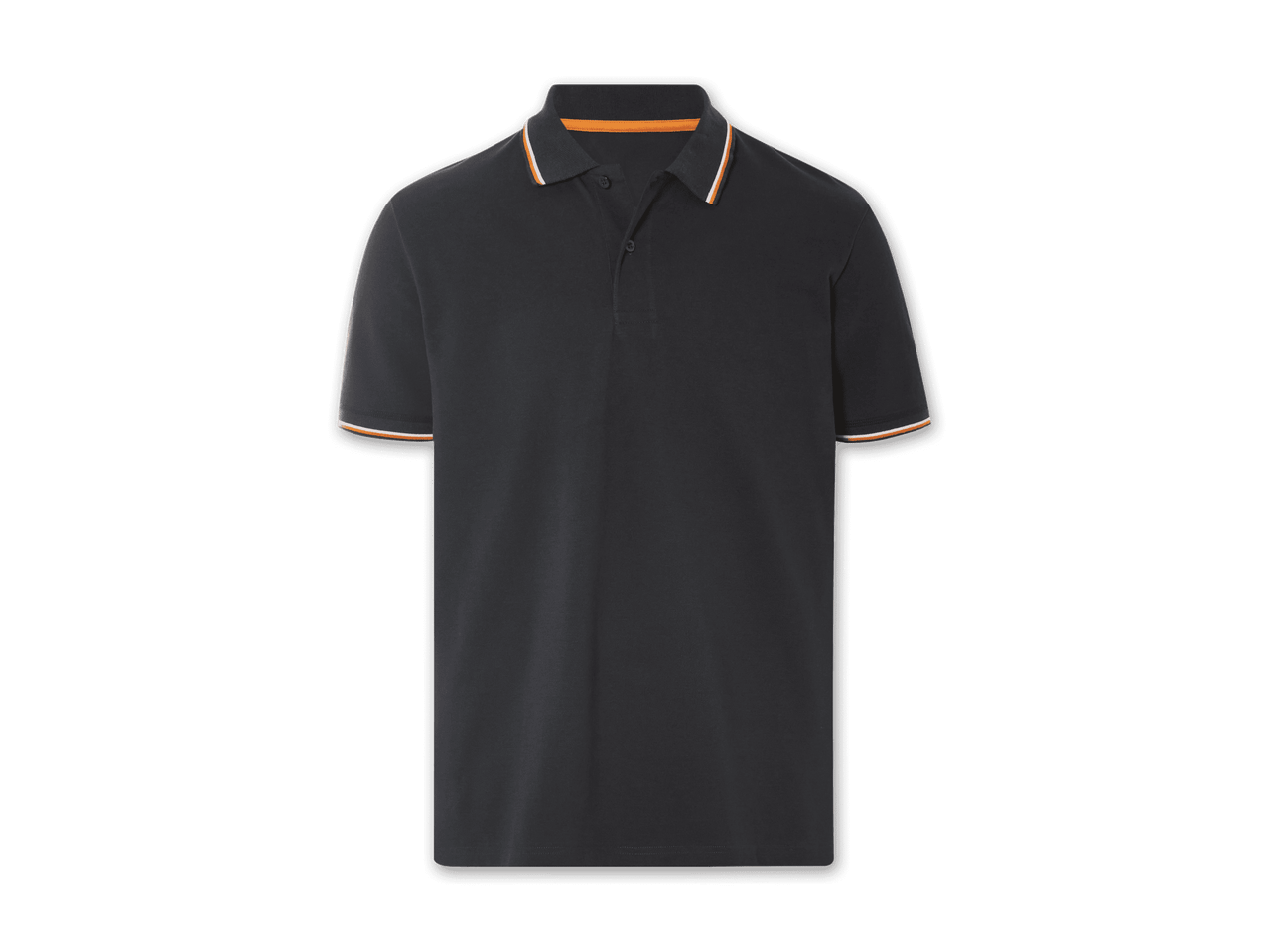 Ein dunkelgraues Poloshirt mit orange-weißen Streifen am Kragen.
