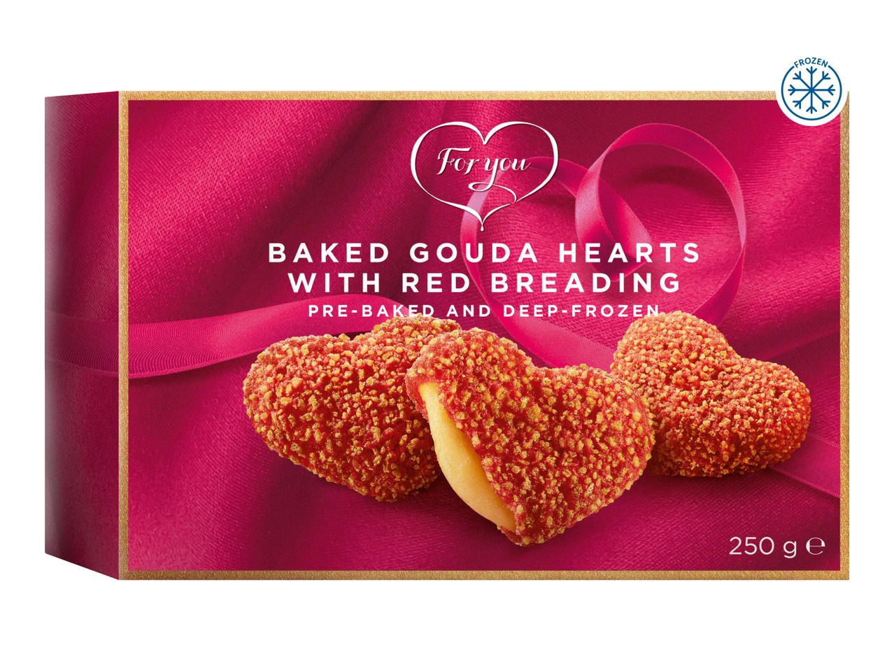Frozen baked Gouda hearts with red breading, presented in a festive red box with a 'For you' heart.