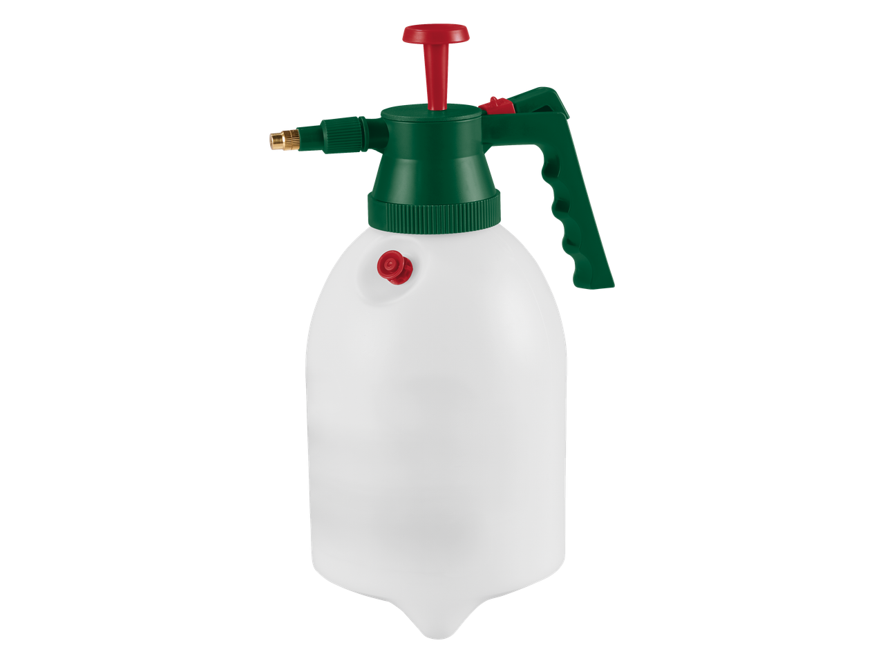 White and green pressure sprayer with a red pump handle and nozzle.