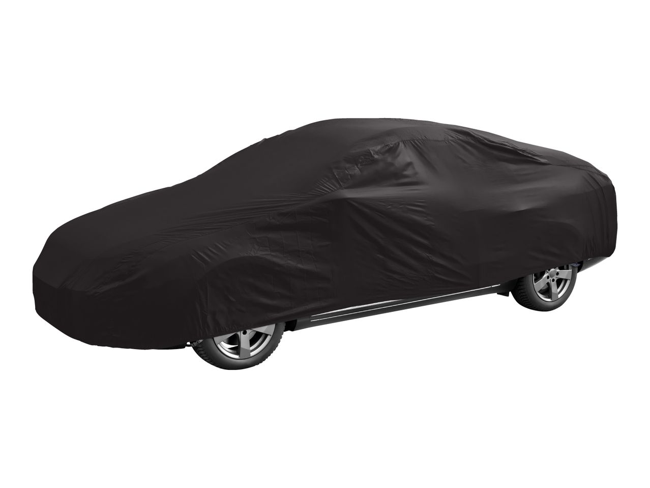 Black car cover protecting a sedan on a white background