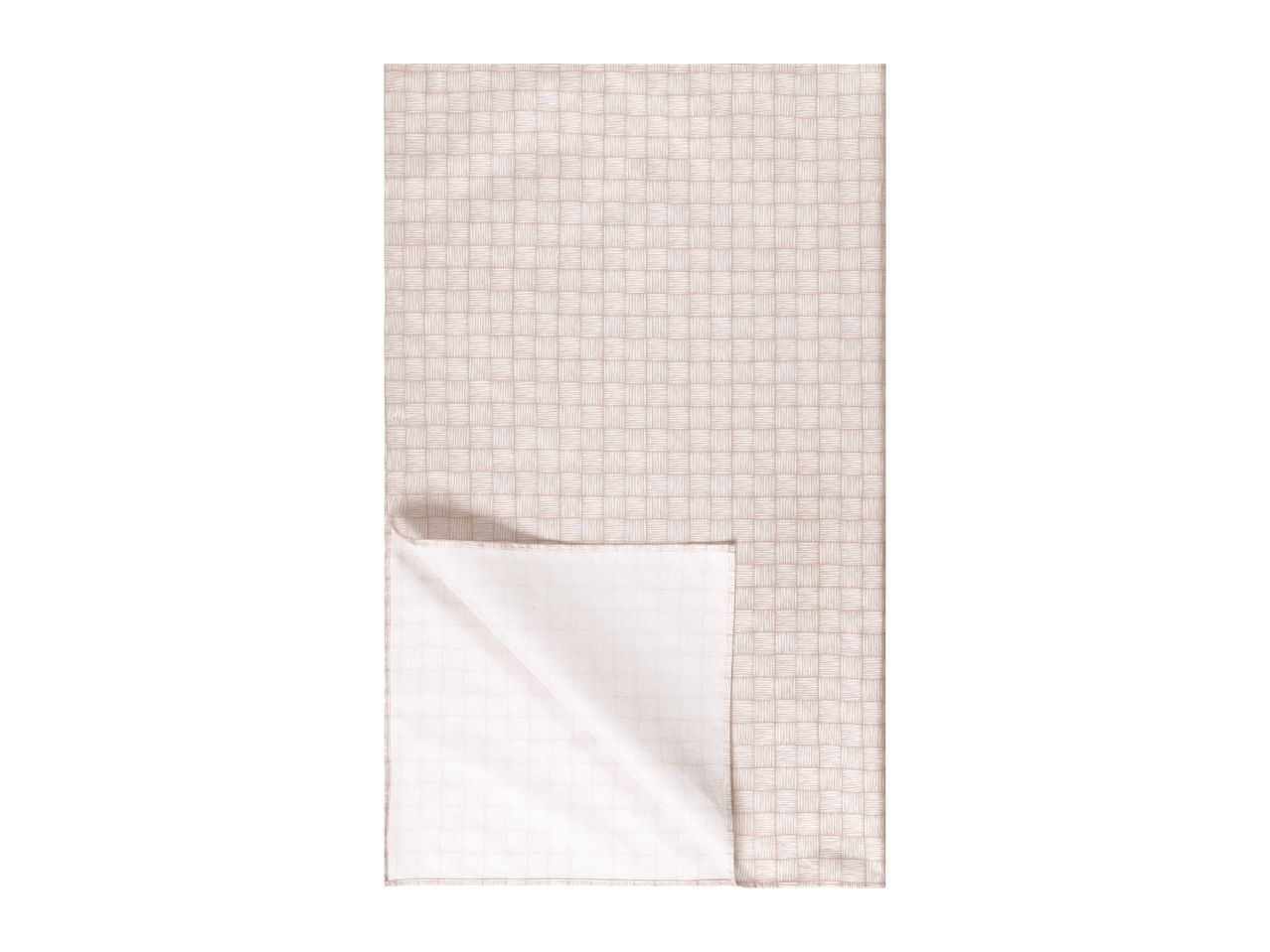 Beige patterned tablecloth with a folded corner revealing the underside.