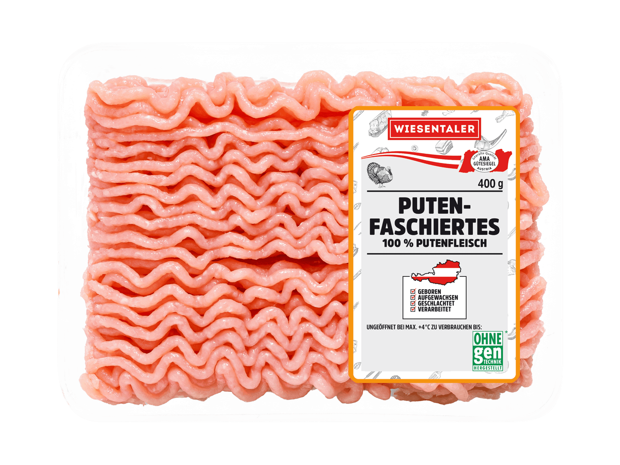 Verpackung mit 400g Putenfaschiertem, 100% Putenfleisch, aus Österreich.