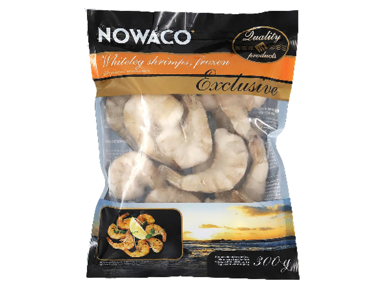 NOWACO saldētas baltās garneles, 300g iepakojums ar saulrieta attēlu.