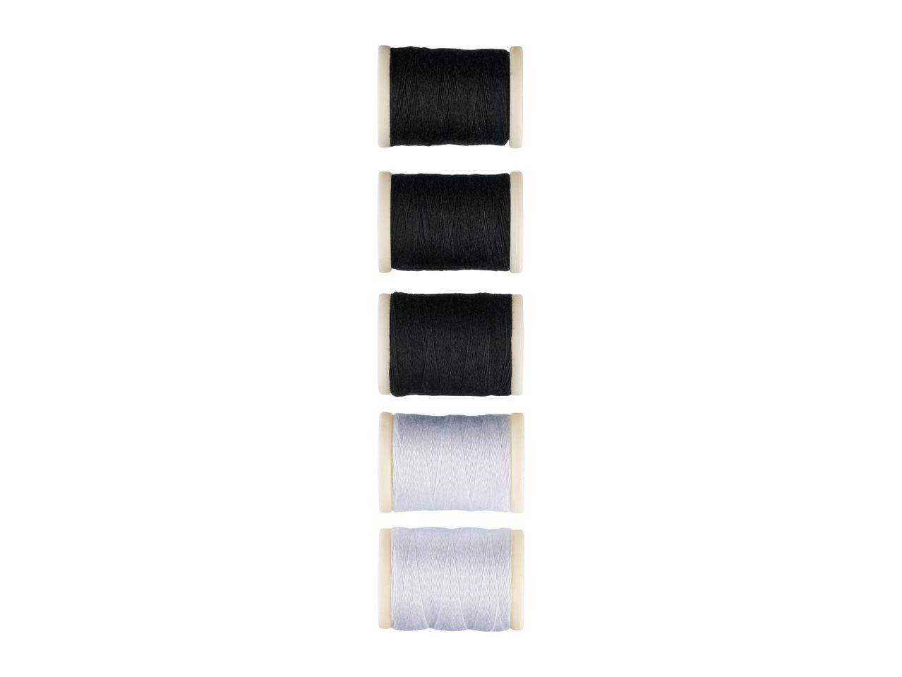 Five spools of sewing thread in black and white, arranged vertically