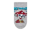 Grey children's sock with a cartoon dalmatian dog wearing a red firefighter helmet.