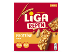 Verpakking van proteïnerepen met pinda, met afbeeldingen van de repen en pinda's.
